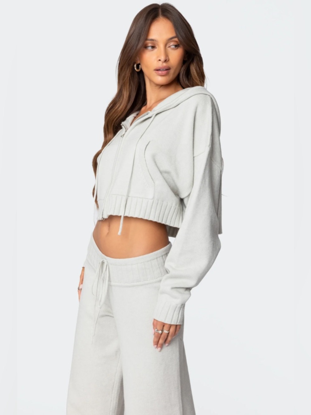Edikted Russell Knit Hooded Cardigan Gray Cropped Zip Hoodie XS NWT - Picture 3 of 7